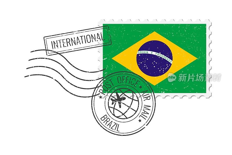 巴西垃圾邮票。复古明信片矢量插图与巴西国旗隔离在白色背景上。复古的风格。