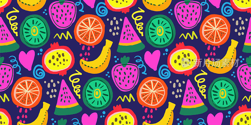 五颜六色的热带水果涂鸦无缝图案