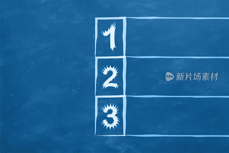 数字1、2和3在有趣幽默有趣的创意风格字体上的一个脏乱的斑点乡村复古风格蓝色水平矢量背景，如待办事项列表，清单，紧急列表模板与文本的复制空间