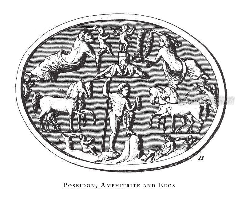 波塞冬，安菲特里特和厄洛斯，古典神和神话人物雕刻古董插图，出版1851年
