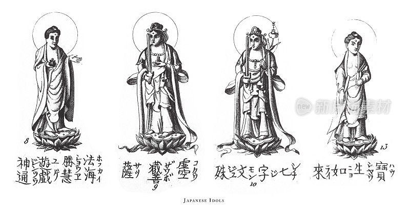 日本的偶像、宗教场景和远东雕刻古董插图，出版于1851年