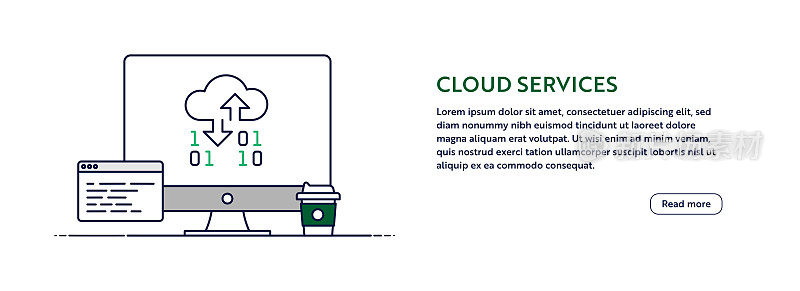 云服务概念与线计算机插图。最小设计的网站横幅,海报,传单和宣传册模板与可编辑的笔划。