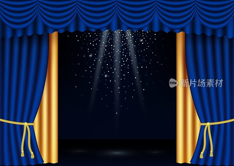 向量现实经典的蓝色和金色舞台窗帘与聚光灯。