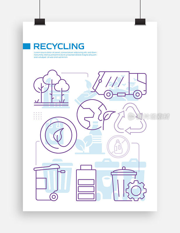 回收和零废物矢量旗帜设计概念。轮廓线图标矢量插图模板的网站，演示等。