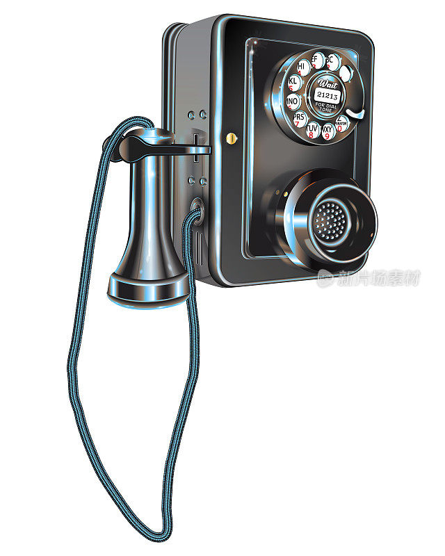 这是大约1930年的复古黑色墙壁电话，用塑料胶木制成，用纺织品覆盖的电线。