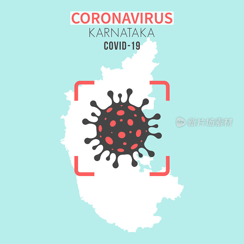 卡纳塔克邦地图，红色取景器中有冠状病毒细胞(COVID-19)