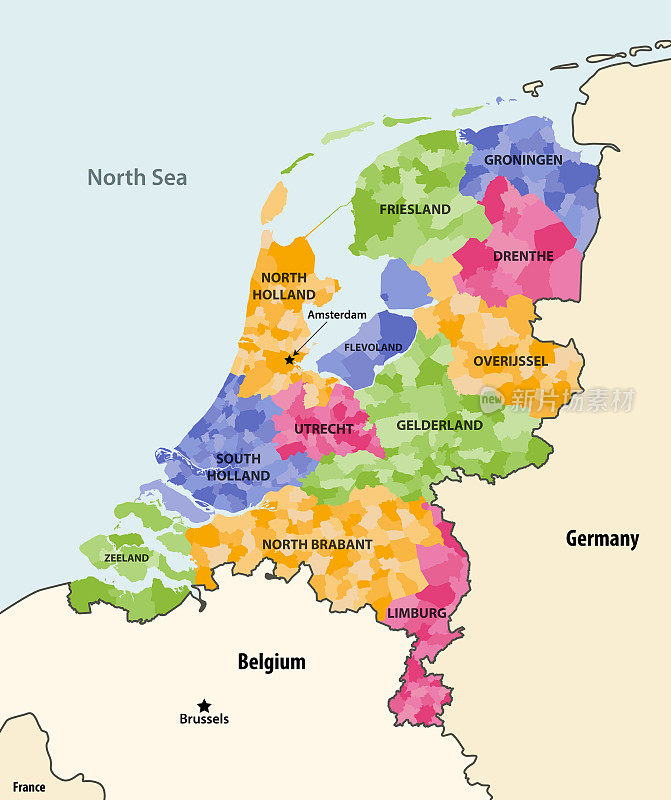 荷兰地方自治市的颜色由省地图与邻国和领土。向量