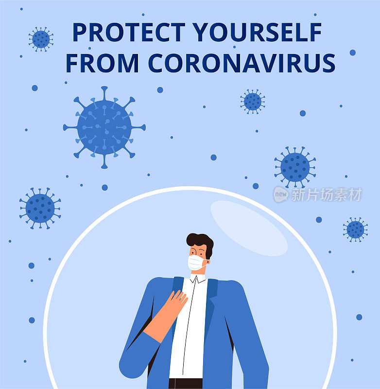 2019-nCoV冠状病毒防护海报。一名年轻男子戴着医用口罩站在一个防护罩内，保护自己免受一种新病毒的感染。抗疫理念
