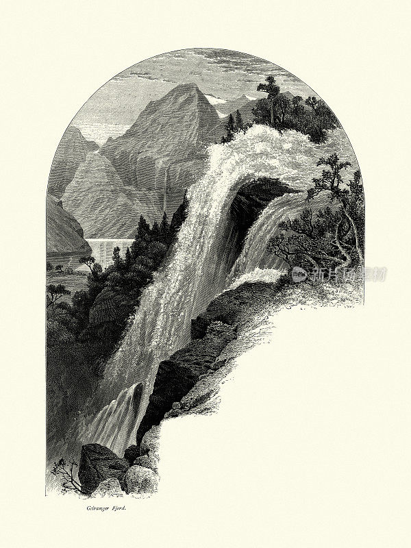 风景如画的Geiranger峡湾瀑布，挪威，19世纪