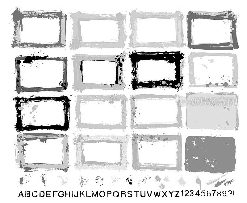 设计师要点:油漆垃圾边框模板&飞溅&滴&滴&手工制作的字母字体矢量集