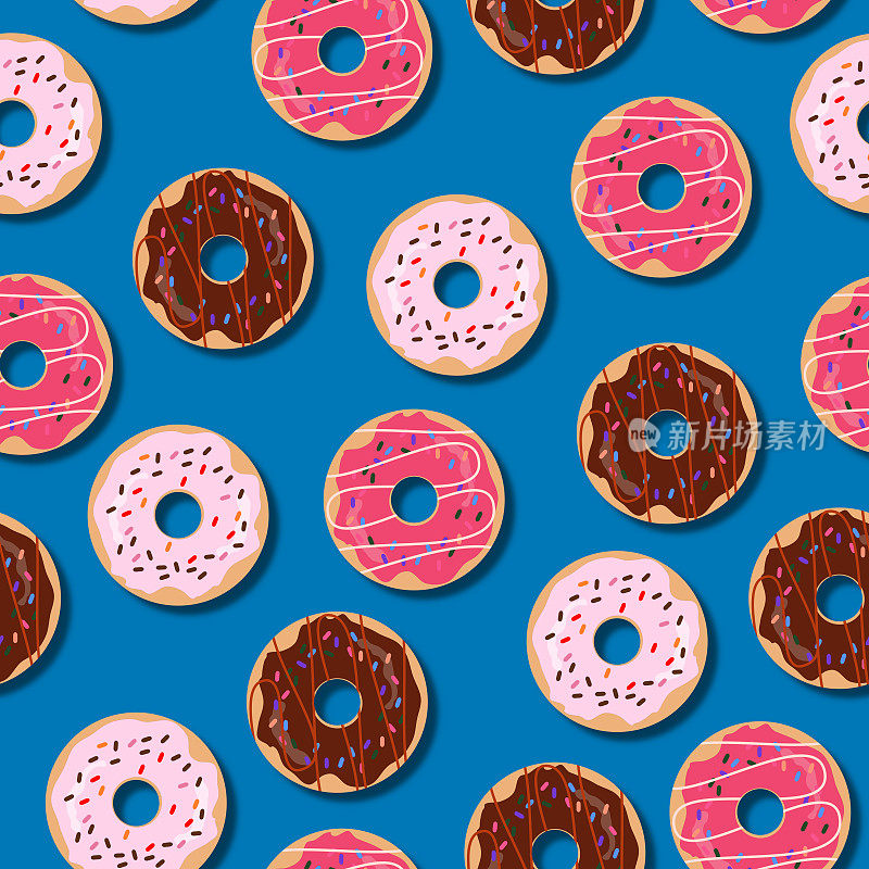 矢量无缝模式的甜甜圈(甜甜圈)在蓝色的背景。巧克力糖霜甜甜圈，草莓糖霜甜甜圈，酸奶油甜甜圈。