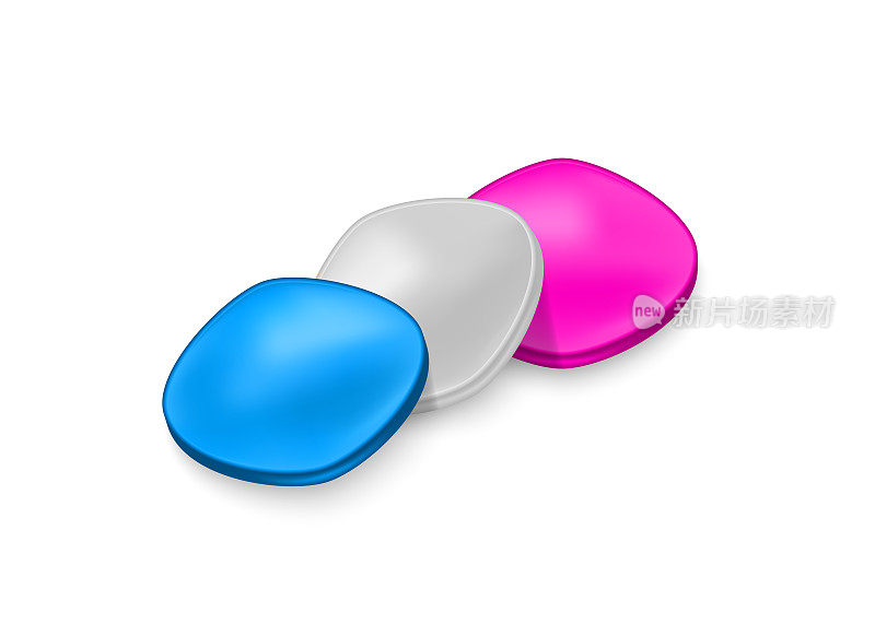 三粒有效勃起药丸。粉色、蓝色和灰色的药片。矢量插图与阴影在白色的背景。