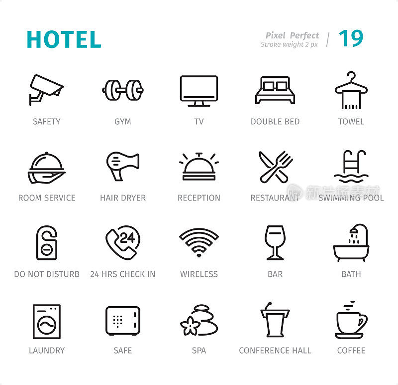 酒店服务-像素完美线图标与字幕