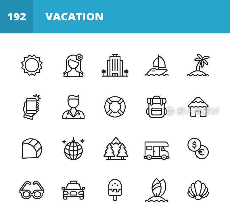 度假和旅游线路图标。可编辑的中风。像素完美。移动和网络。包含夏季，假日，夏威夷，派对，太阳，酒店，岛屿，棕榈树，自拍，救生圈，风筝冲浪，派对，露营，货币兑换，露营者，出租车等图标。