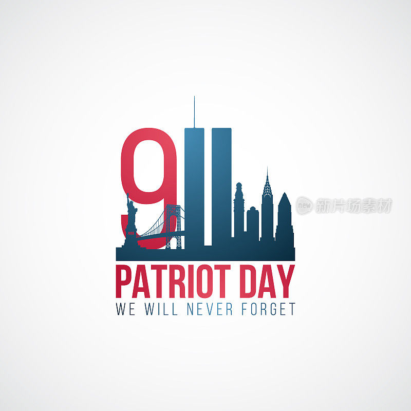 双子塔,911年。美国爱国者日横幅。世界贸易中心。我们永远不会忘记。股票矢量插图。