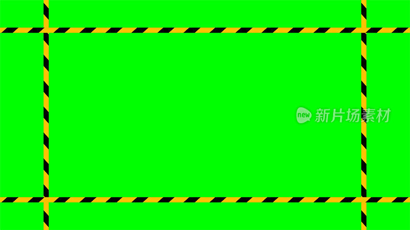 绿色屏幕背景上的警告带条纹，绿色屏幕上的视频和安全带，警告带线超过绿色屏幕颜色，色度键上的色带黄黑色条纹