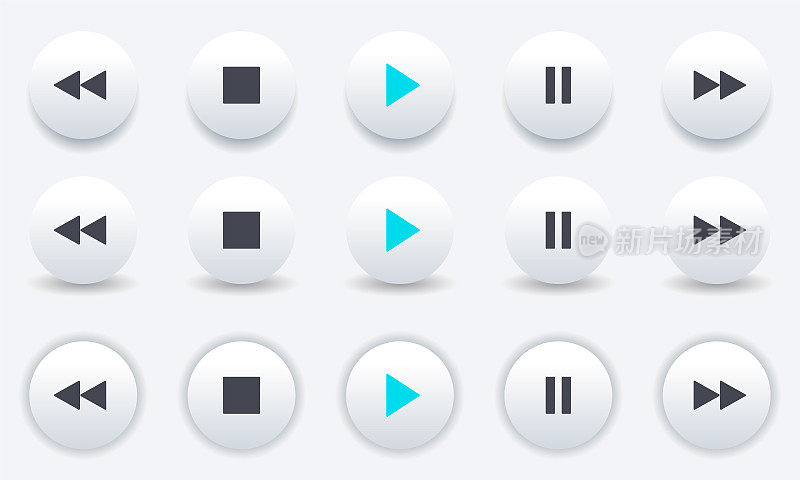 媒体播放器图标设置。控制视频或音乐音频播放器的按钮。白色体积3d独立按钮包。