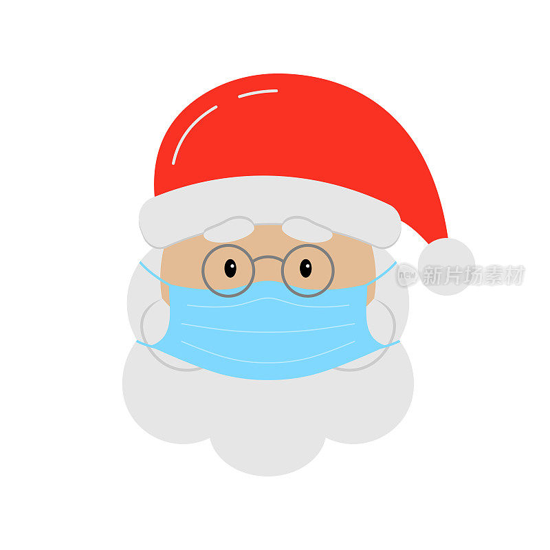 戴着医用面具的圣诞老人圣诞老人的脸上带着胡子和帽子，戴着外科口罩为圣诞设计。矢量插图。