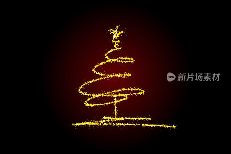 风格化的圣诞树由黄色和金色的灯在黑暗的背景。神奇的仙尘，闪耀的星尘。