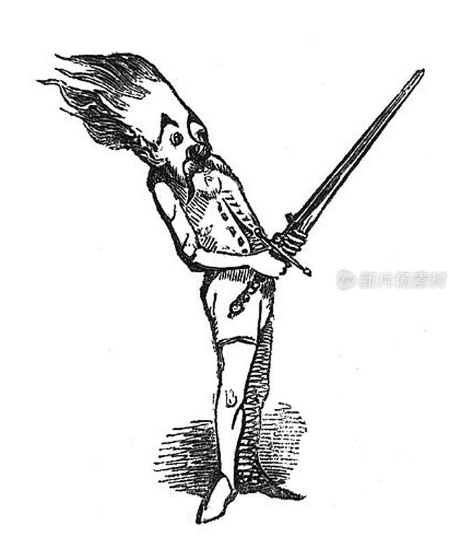 英国讽刺漫画插图-男人拿着一把大剑，他的头发直立着
