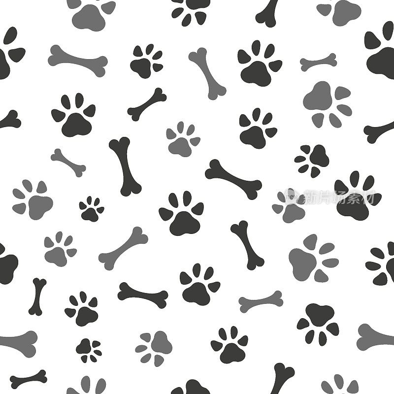 宠物爪子和骨头无缝图案图标。动物足迹-猫，狗，熊。模板设计纹理的壁纸，图案填充，网页背景，表面纹理。