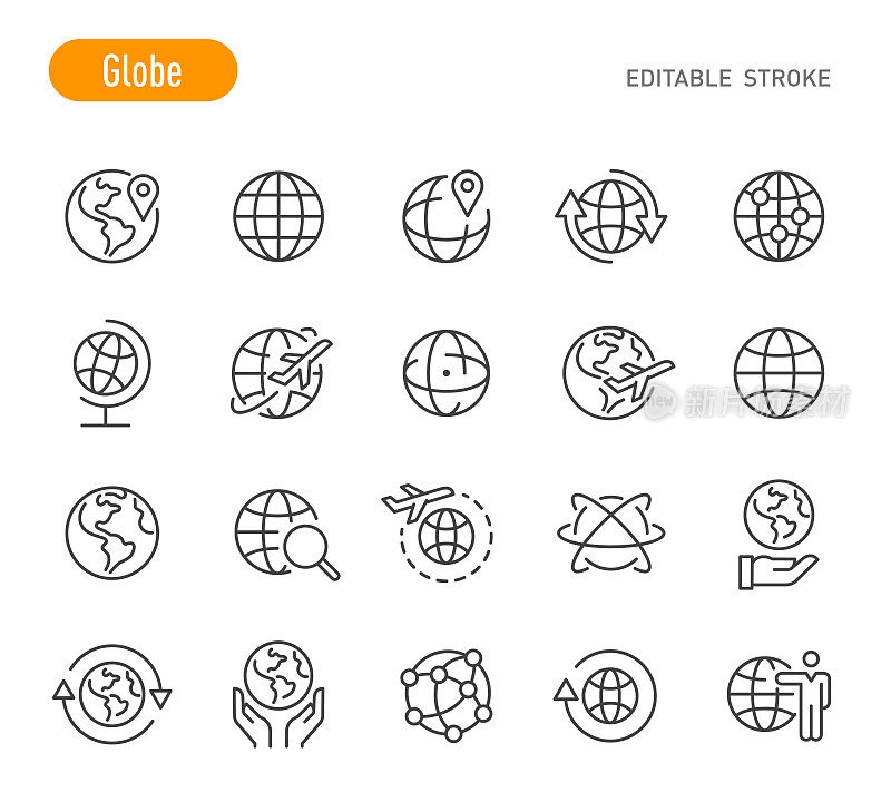 地球仪图标设置线系列-可编辑的描边