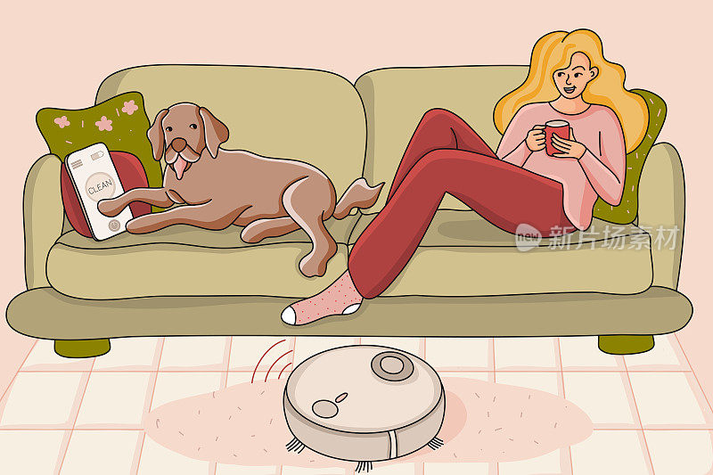 机器人吸尘器打扫房间，而女人放松在沙发上与狗，矢量插图