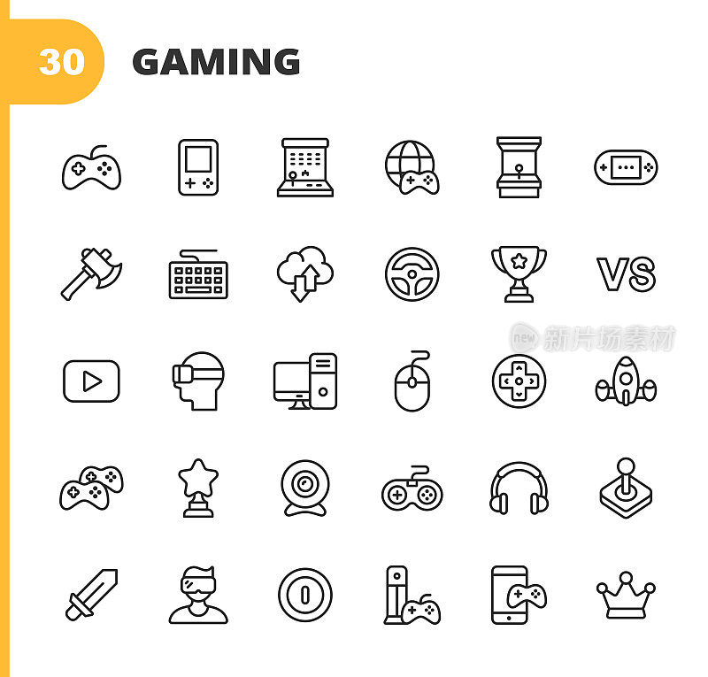 游戏和视频游戏线图标。可编辑的中风。像素完美。移动和网络。包含诸如视频游戏,移动游戏,设备,游戏控制台,RPG,虚拟现实,射击,键盘,鼠标,电脑,平板电脑,多人,流媒体等图标。