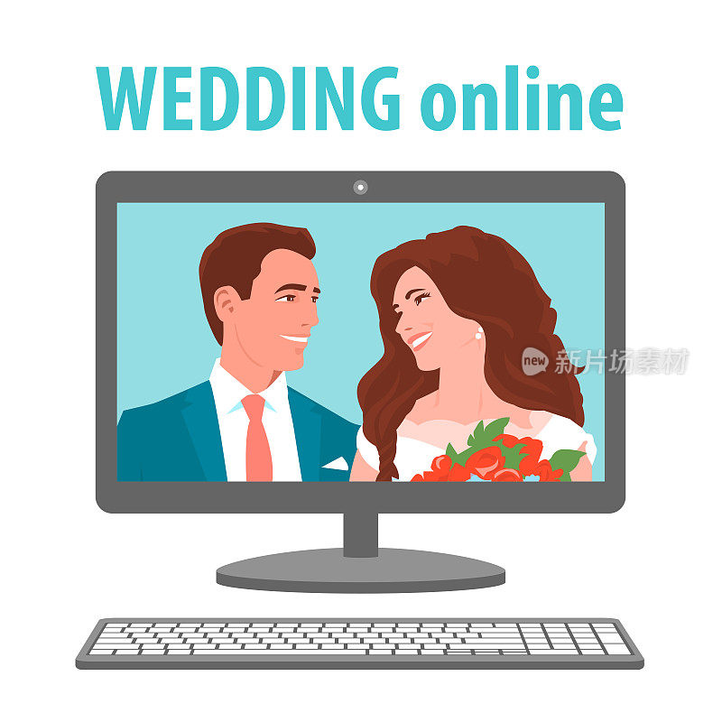 婚礼与新娘和新郎网上用电脑。