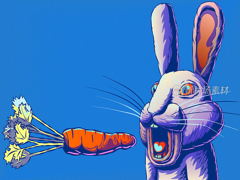 有趣的卡通横幅插图-兔子或兔子吃胡萝卜。