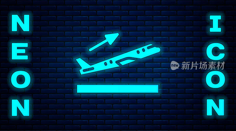 发光的霓虹灯飞机起飞图标孤立在砖墙的背景上。飞机运输的象征。向量