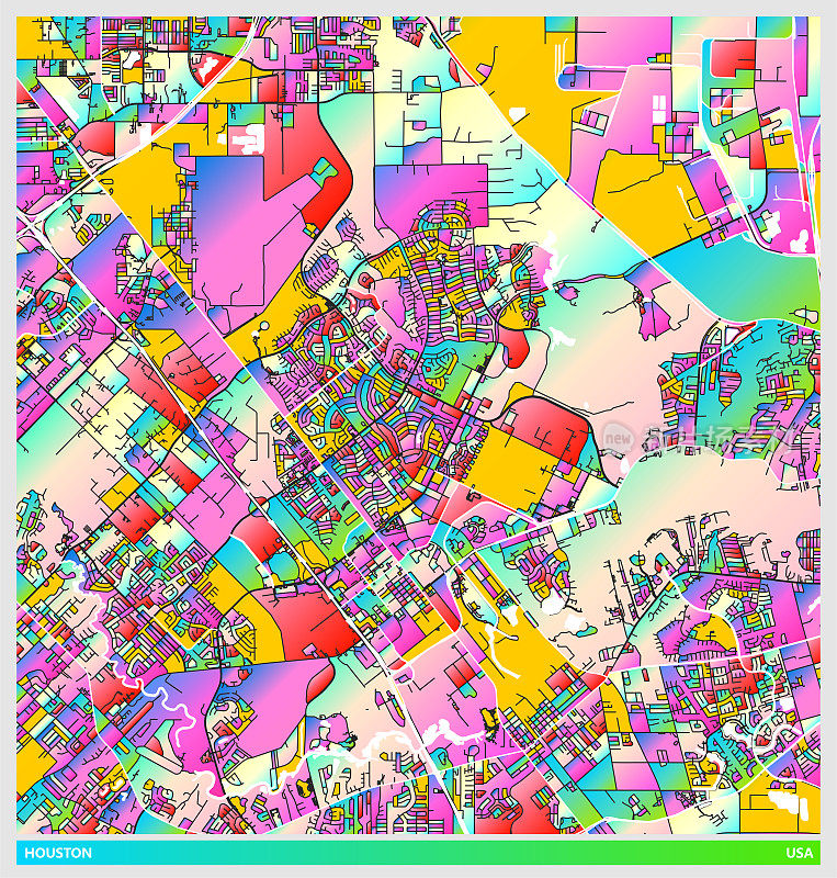 艺术插画风格地图，休斯顿市，美国