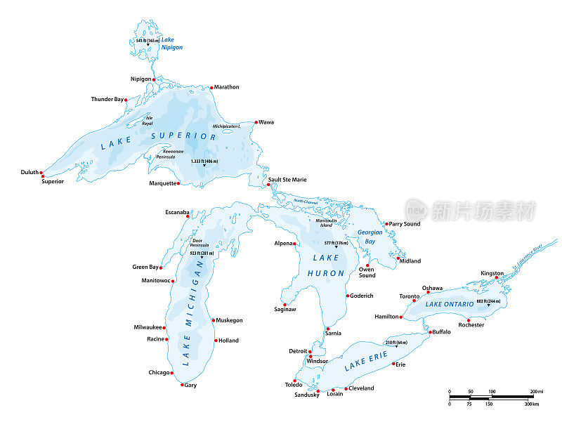 矢量地图的五大湖，美国，加拿大