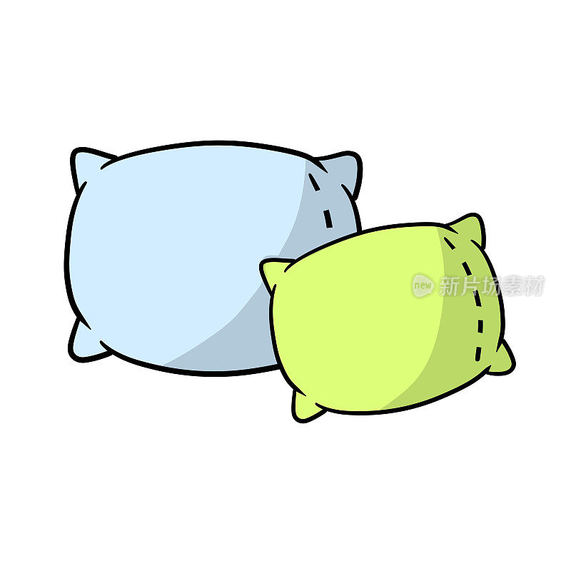 的枕头。大大小小的物体。卡通平面插图。蓝色和绿色的软垫。卧室和床的睡眠元素