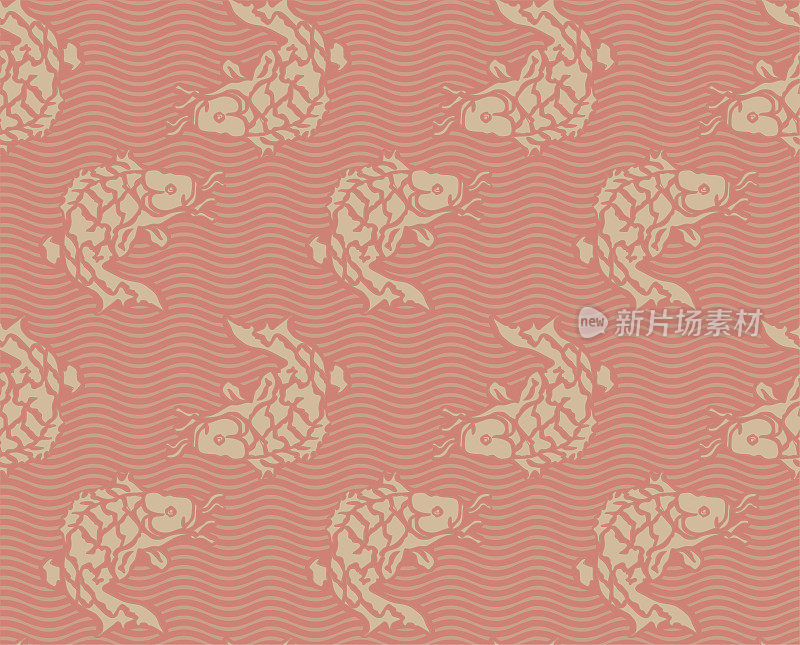 米色锦鲤图案，日本鲤鱼豪华无缝背景。