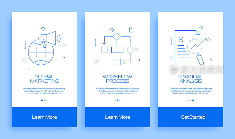 现代商业概念入职移动应用程序页面屏幕与平面图标。UI设计模板矢量插图