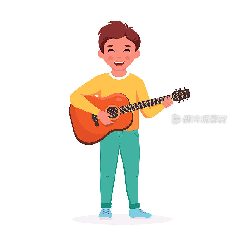 小男孩弹吉他。男孩弹吉他。演奏乐器的孩子。矢量图