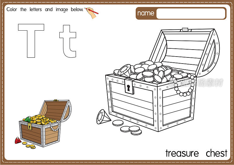 矢量插图的儿童字母着色书页与概述剪贴画，以颜色。字母T代表宝箱。