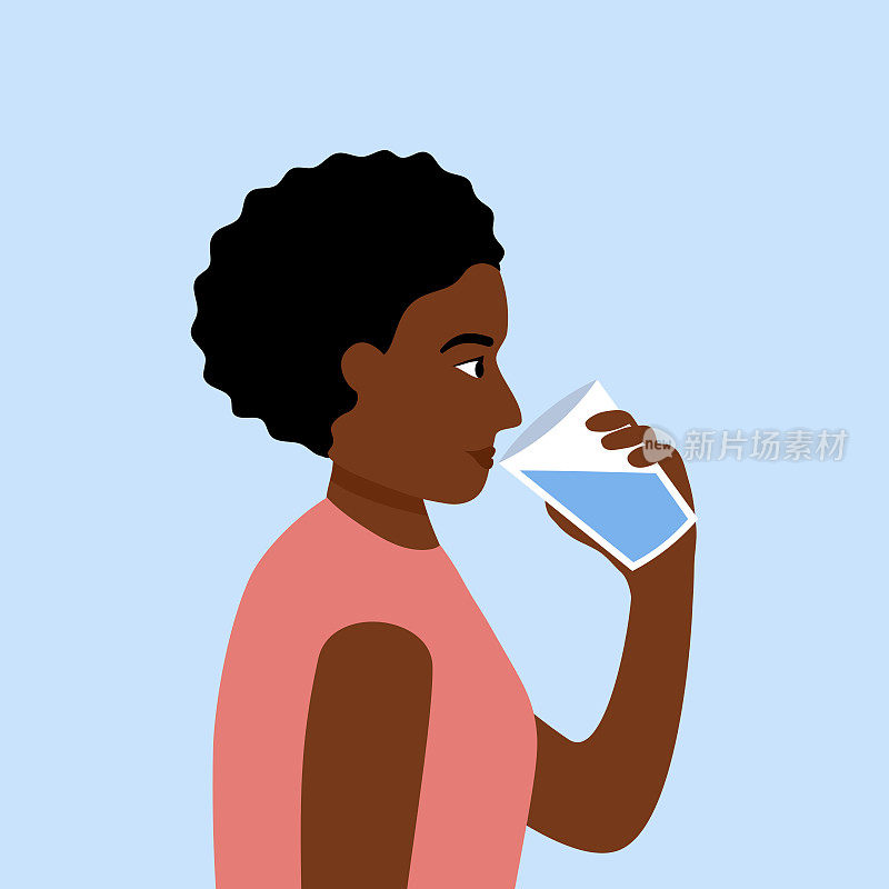 非洲妇女饮水平面设计。多喝水，身体好。