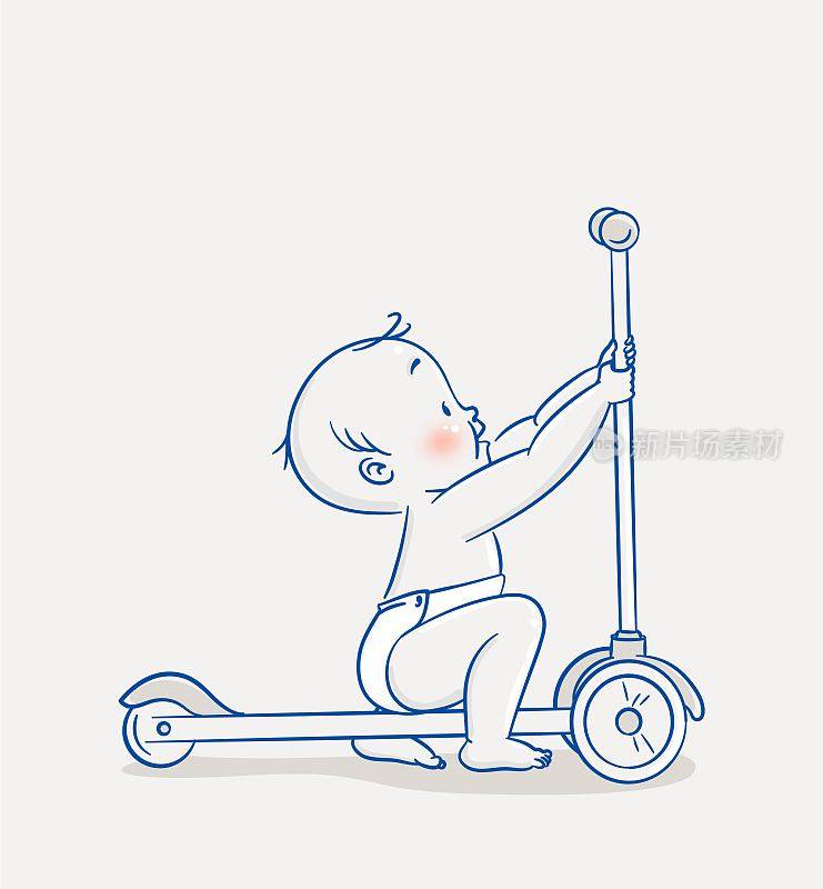 可爱的小男孩正在学习骑3轮滑板车。