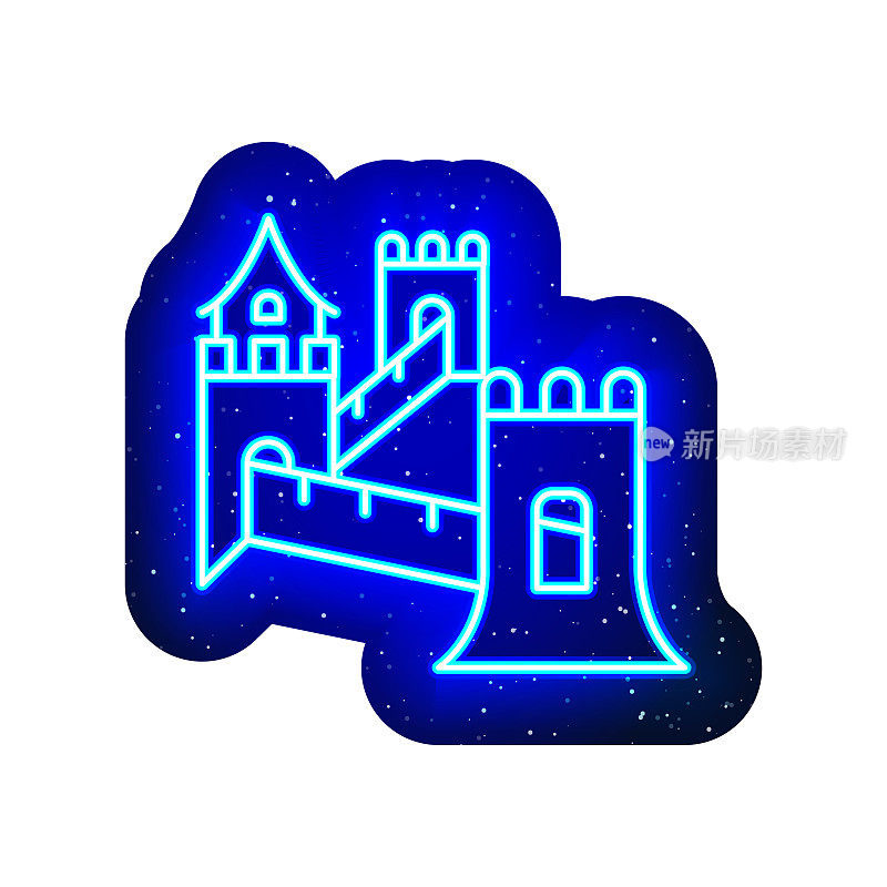 蓝色霓虹灯中国长城的标志。午夜蓝色。