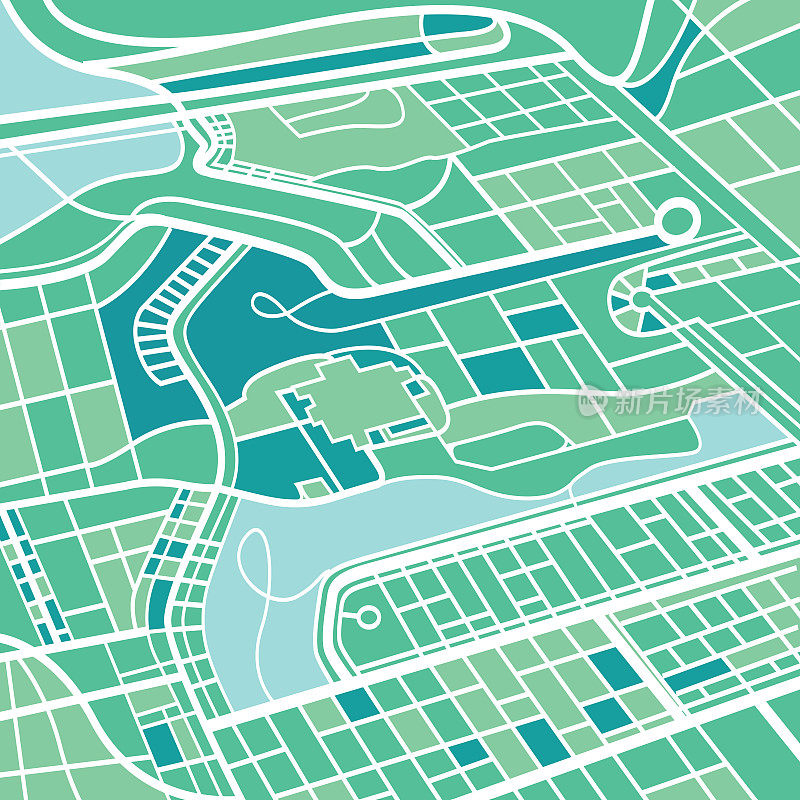 简单的城市街道地图在平坦的绿色颜色