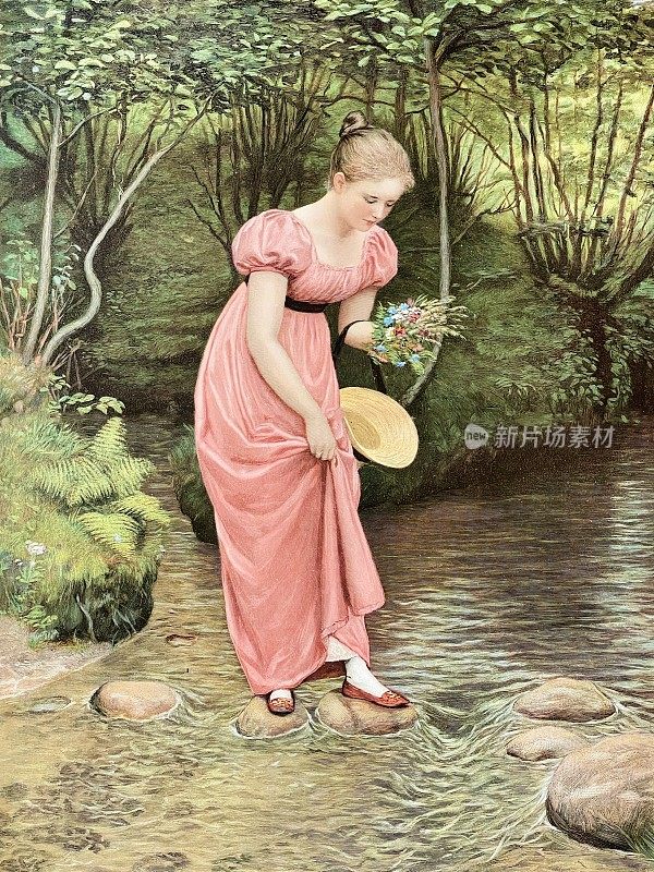 我敢吗:一个年轻的女人拿着一束花走过小溪中的石头