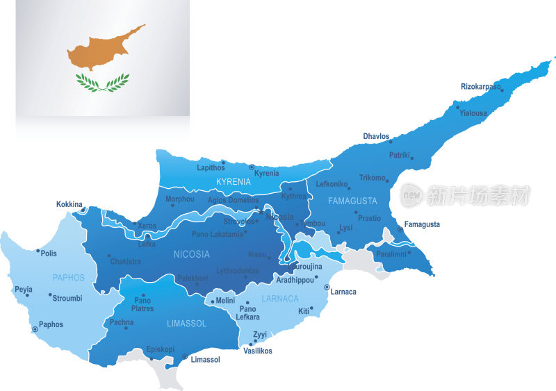 塞浦路斯地图-国家，城市和旗帜