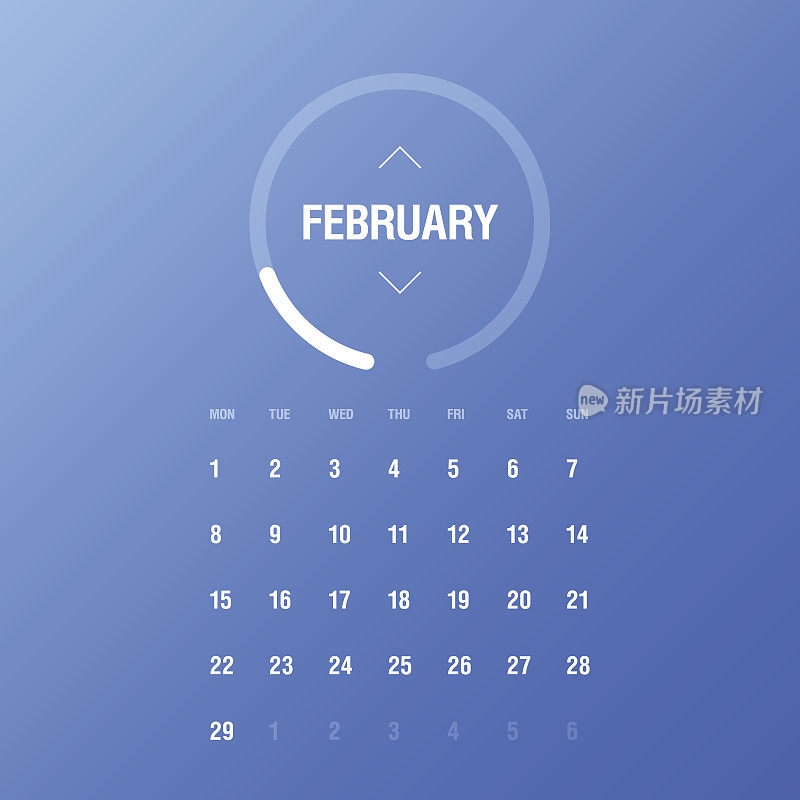 2016年日历。2月。一周星期一