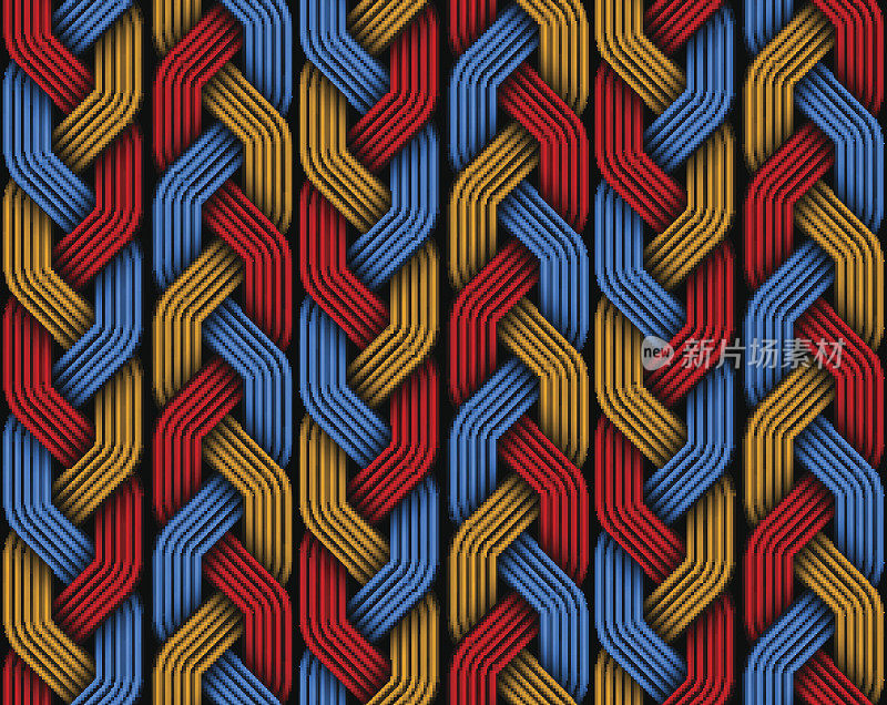 编织彩色辫子纤维无缝图案。矢量图