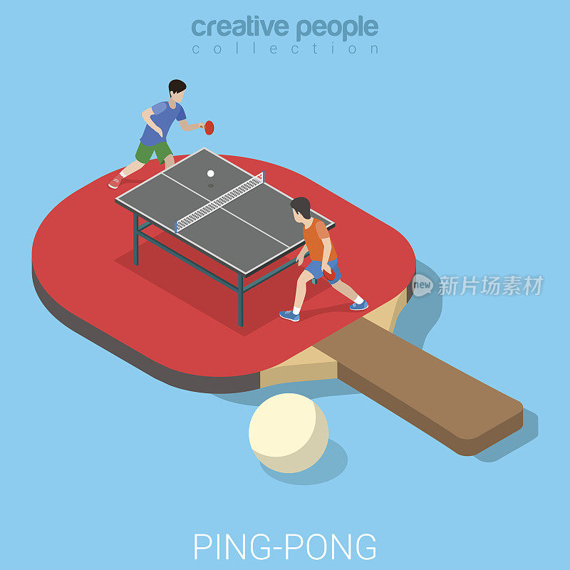 乒乓球乒乓球平面三维等距等距运动概念网络矢量插图。大拍子和微拍子对打。有创造力的人集合。
