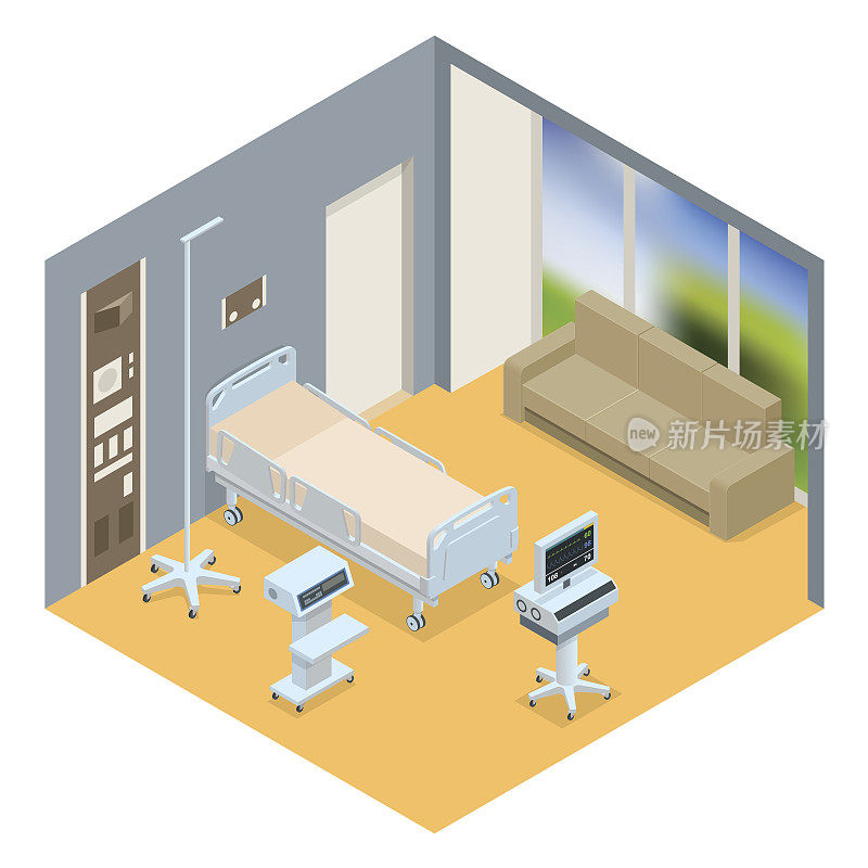 平面三维矢量插图医院房间内部等距。医院病房配备有床位和舒适的医疗设备，是一家现代化的医院。