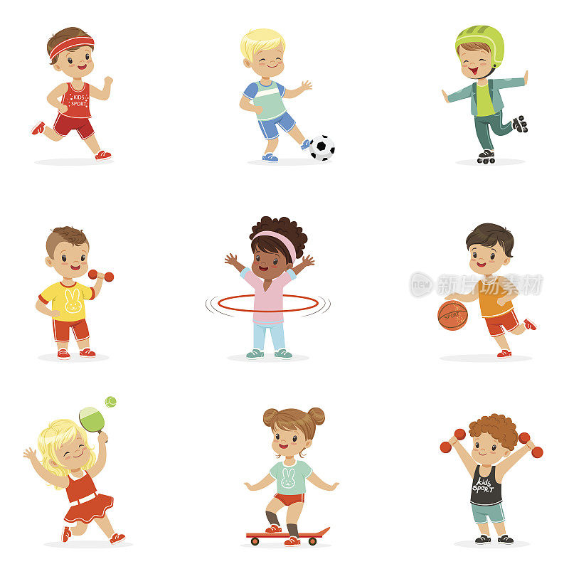 小孩子玩运动游戏和享受不同的运动户外和在健身房的卡通插图