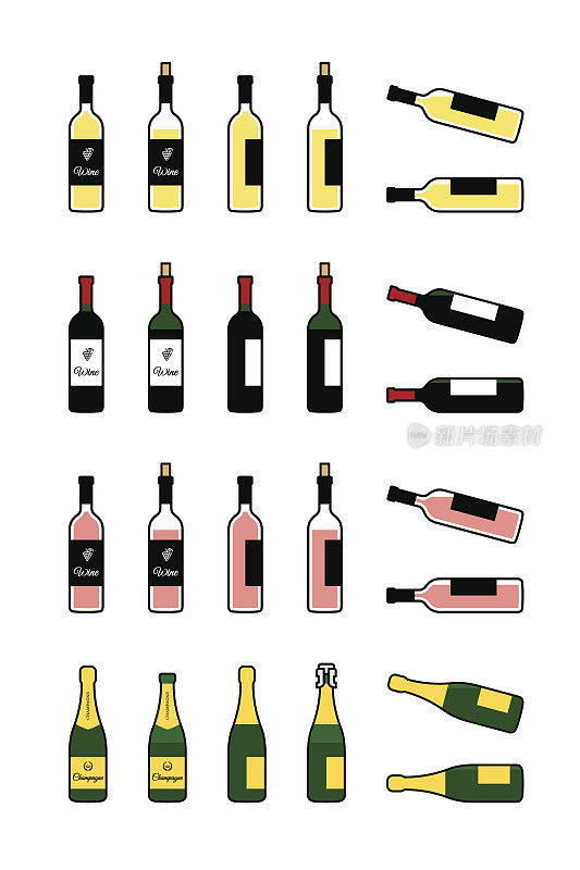 葡萄酒和香槟酒瓶图标集。瓶子满了，开着，躺着